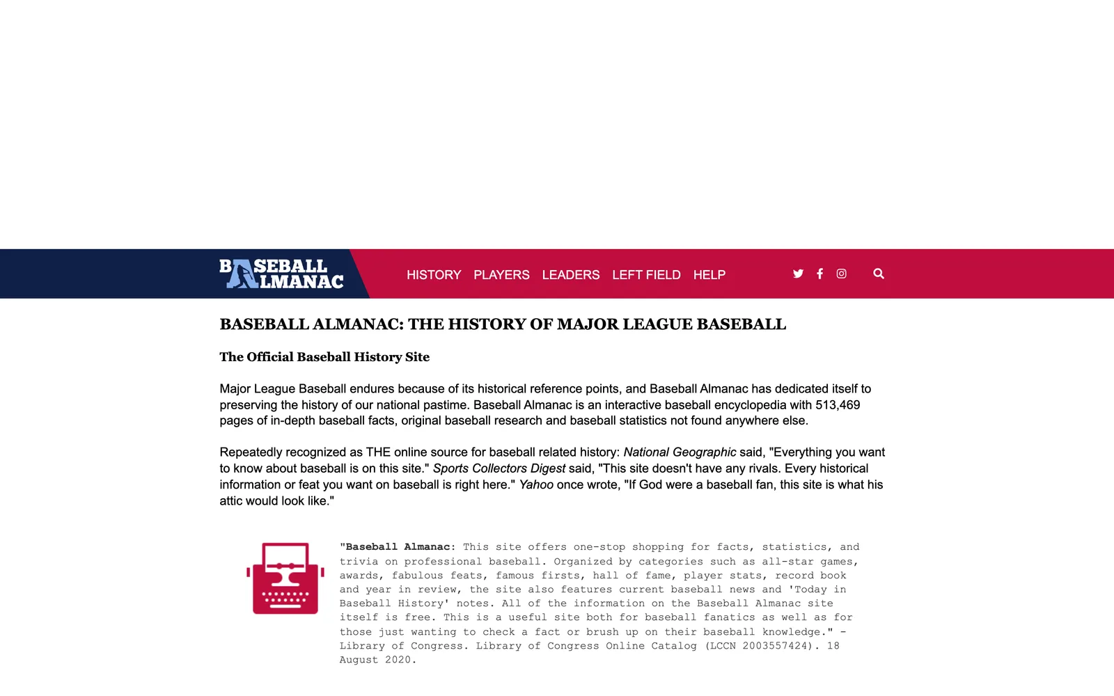 Baseball Almanac screenshot