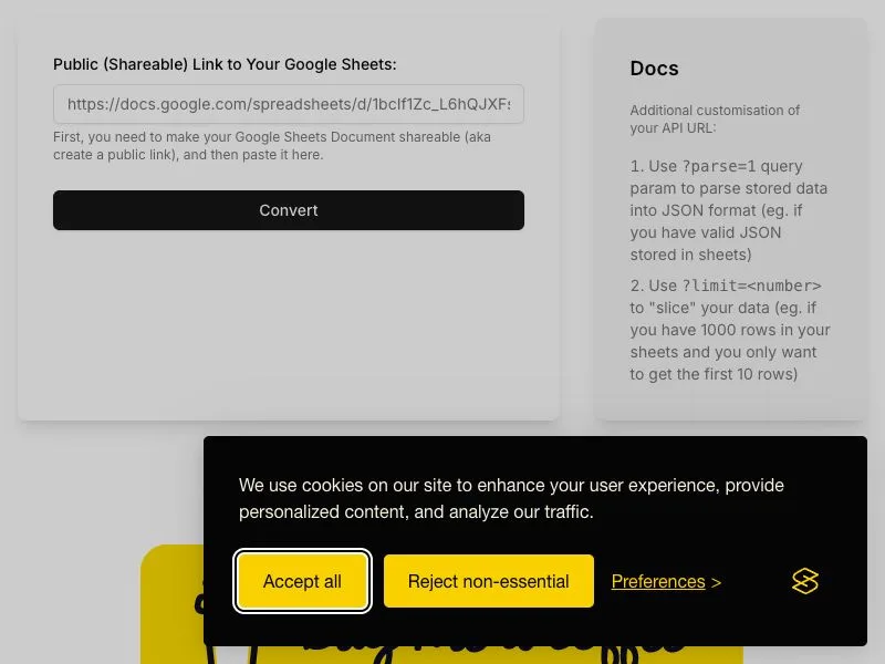 Convert Google Sheets to JSON API screenshot